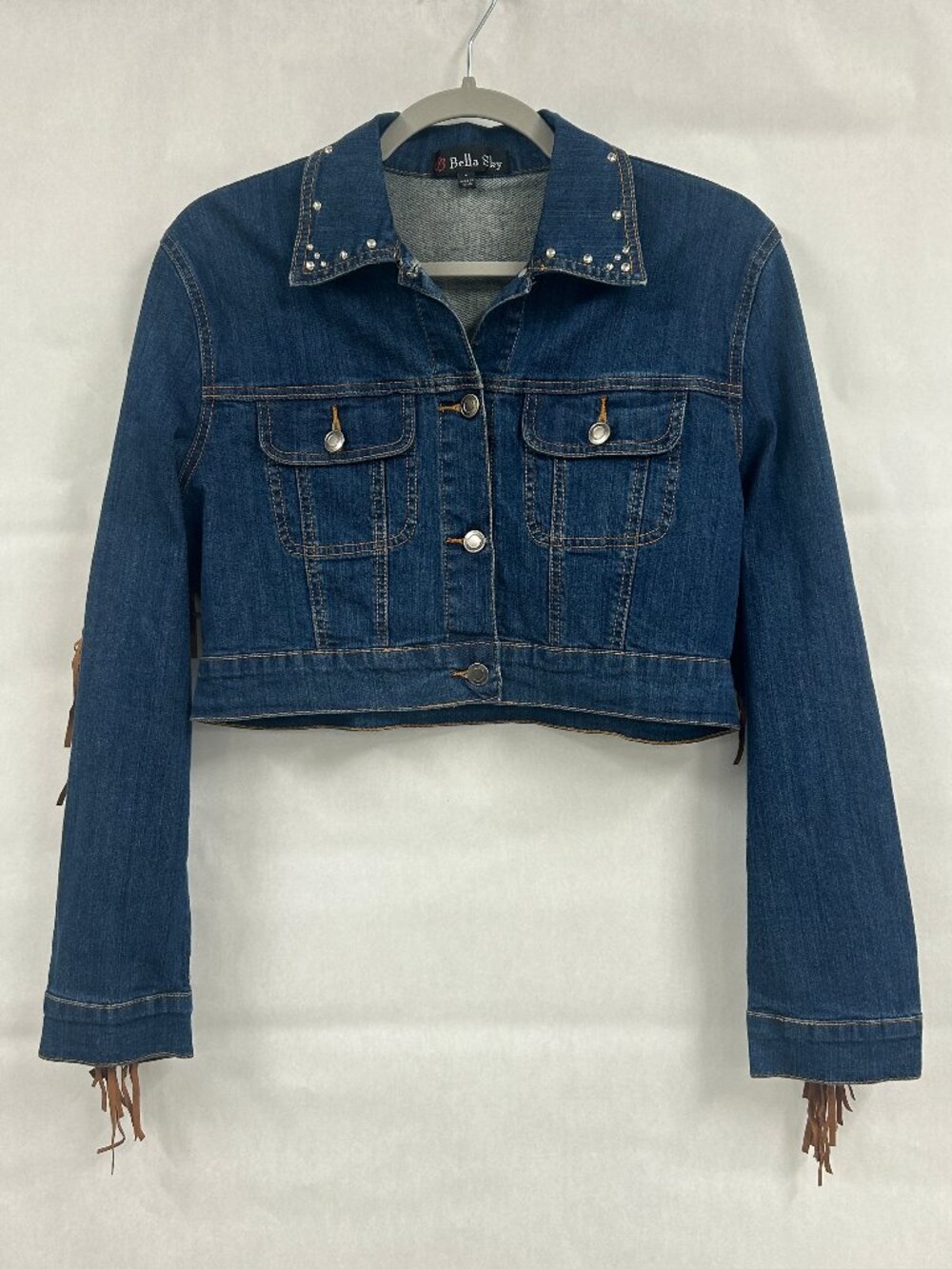 BellaSky Cropped Denim Jacket Fringe Western Studded Boho Country Concert Size L - Picture 2 of 7